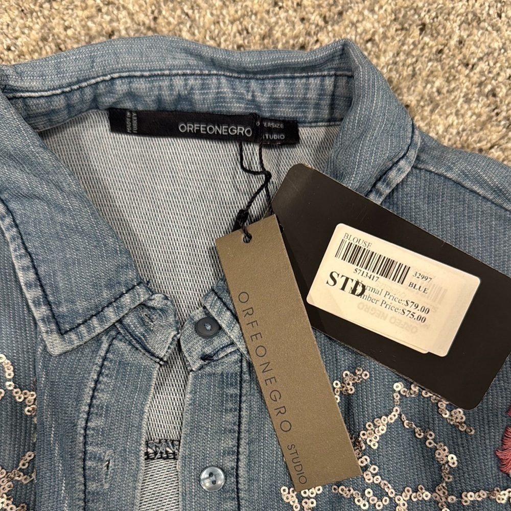 Embroidered Denim Shirt with Floral Design - Picture 2 of 7